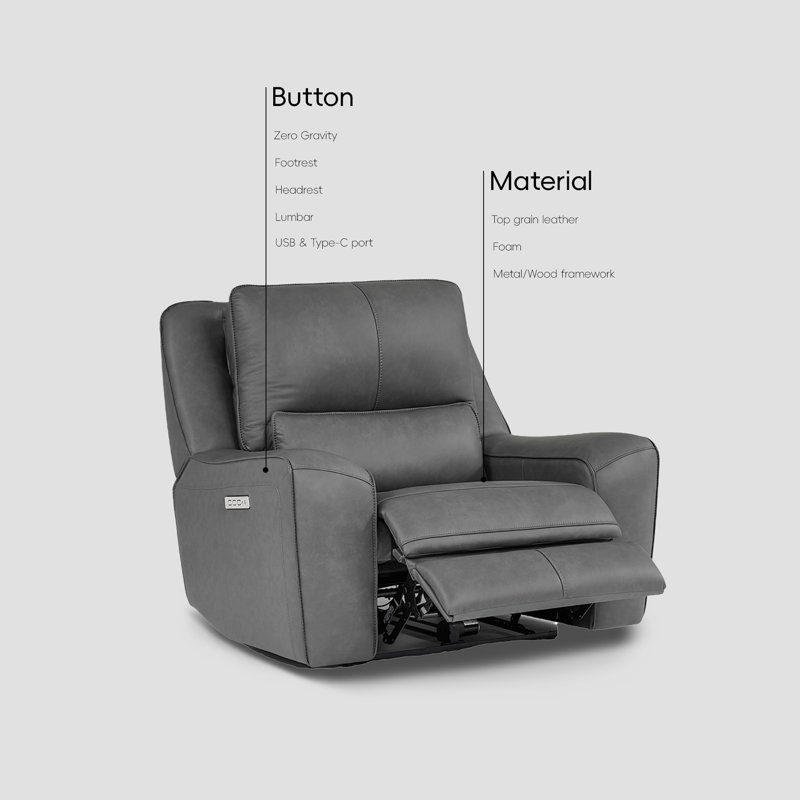 Top Grain Leather Power Recliner Chair With Zero Gravity, Adjustable Headrest & Lumbar Support, Gray Genuine Leather