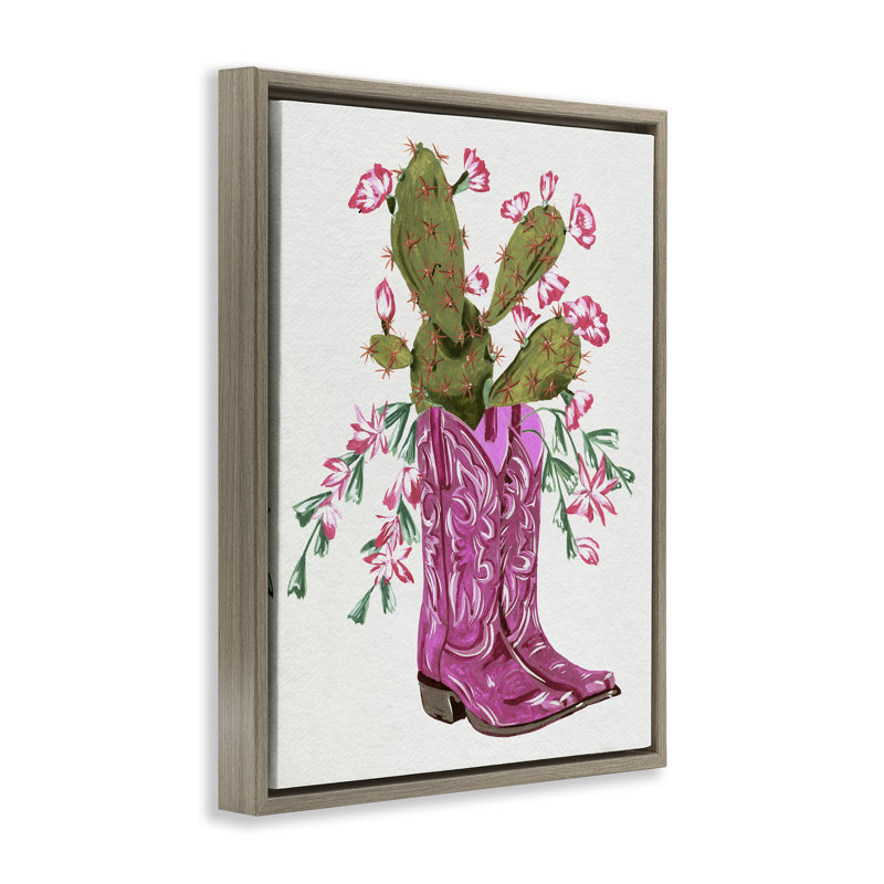  Art mural sur toile flottant rose avec cactus et bottes par Melissa Wang, Cadre flottant orme Montalcino, H 21 po x l 17 po