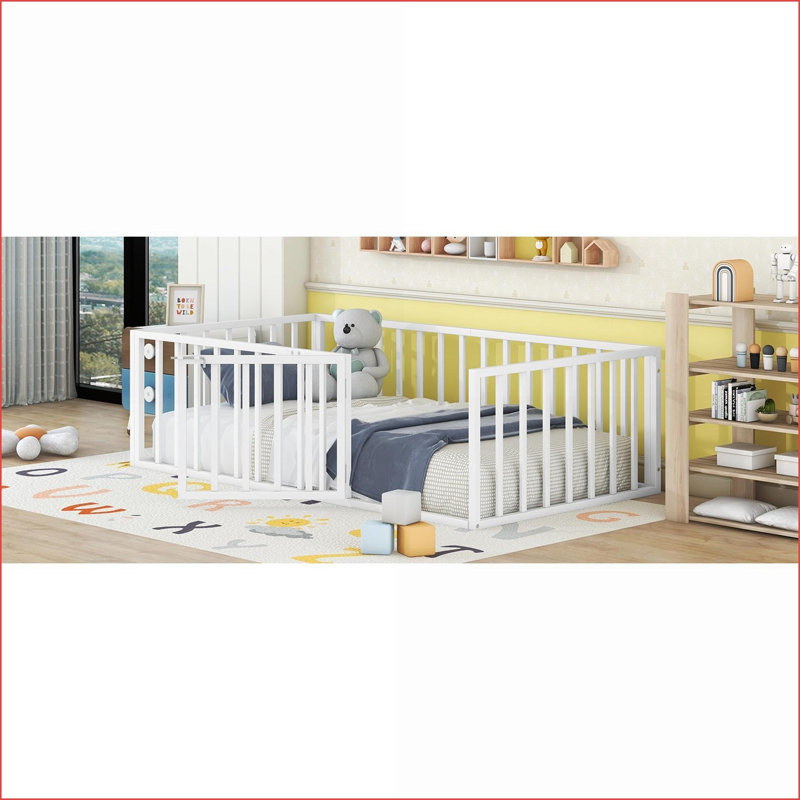 Twin Size Metal Floor Bed Frame with Safety Fence &amp; Door, White – No Slats Needed, Twin, White