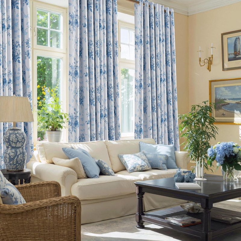 100% Blackout Curtains, Grommet Pattern Gold Foil Printed Window Treatments Room Darkening Drapes for Bedroom, 2 Panels