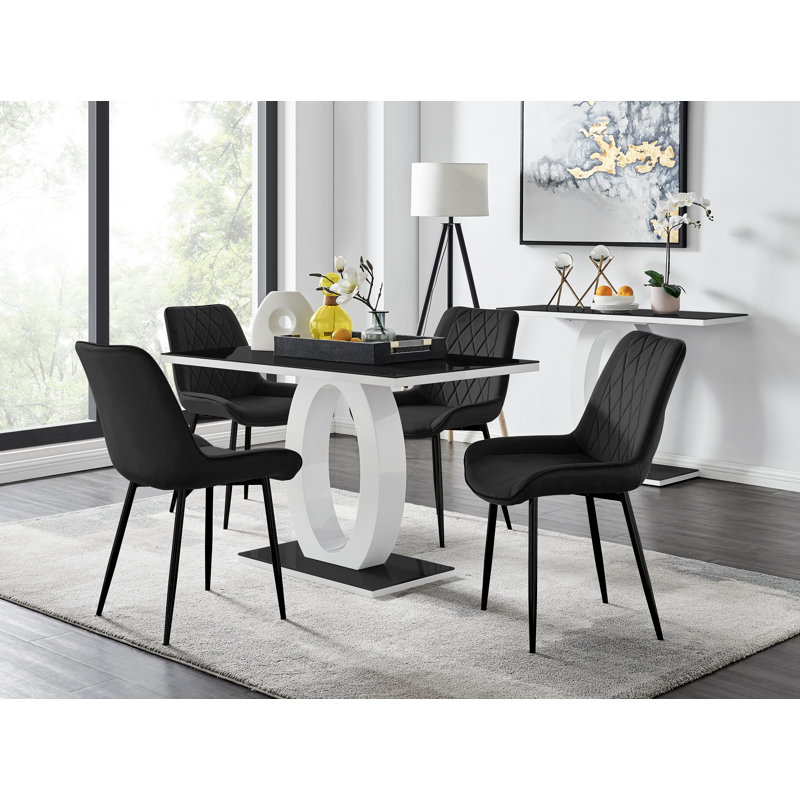 Scottsmoor High Gloss Halo Dining Table Set & 4 Luxury Velvet Dining Chairs - Modern Design, Black