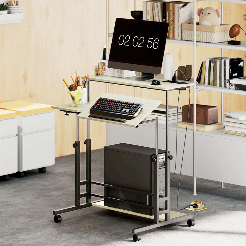 Bureau debout à hauteur réglable en chêne, plateau de table inclinable avec roulettes verrouillables et tablette de rangement, bureau de levage à prise électrique intégrée