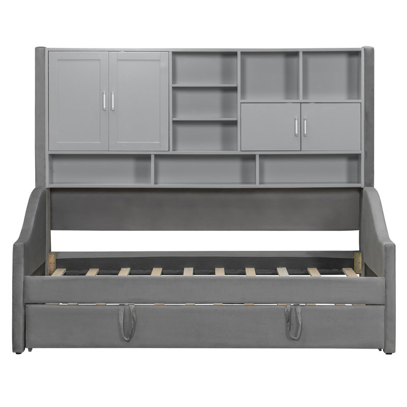 Lit de jour gris avec accoudoirs à DEL, tablettes de rangement et lit gigogne escamotable gris, Gris