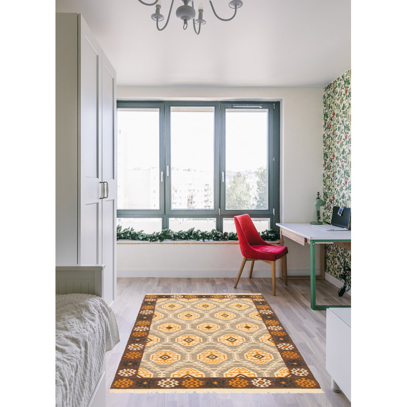 Tapis gris en laine tissé à plat à la main Fairford Southwestern