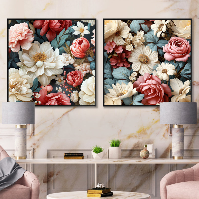 Vintage pivoines bohème rétro - ensemble de 2 collages floraux carrés, Cadre flottant noir, H 16 po x l 33 po