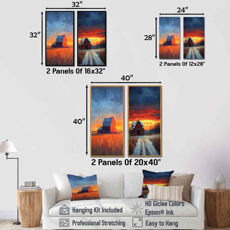 Barnyard In Winter Countryside Landscape I - Farm Canvas Art 2 Panels Collection, H 40 po x l 41 po, Cadre flottant doré