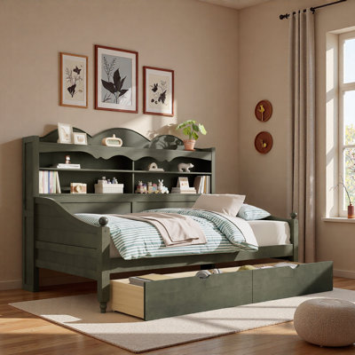 Wooden Daybed With 2 Storage Drawers And Storage Headboard Shelving