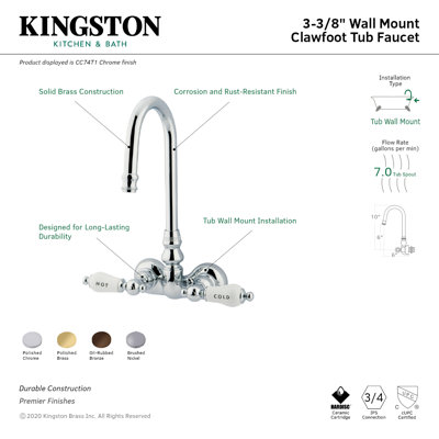Kingston Brass Vintage Two-Handle 2-Hole Tub Wall Mount Clawfoot Tub Faucet