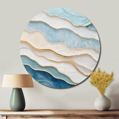 «Blue and Gold Tropical Horizon At The Beach - Coastal Waves», art mural rond en métal