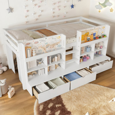 Loft Bed With Multi-Storage Shelves And Storage, Low Loft Bed With Curtain Under The Bed And Chalkboard, No Box Spring Needed