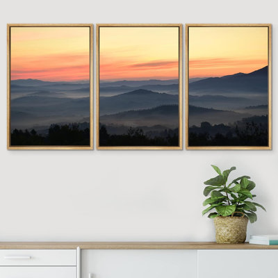 «Orange Sun Forest Mountains», reproduction sur toile 3 pièces