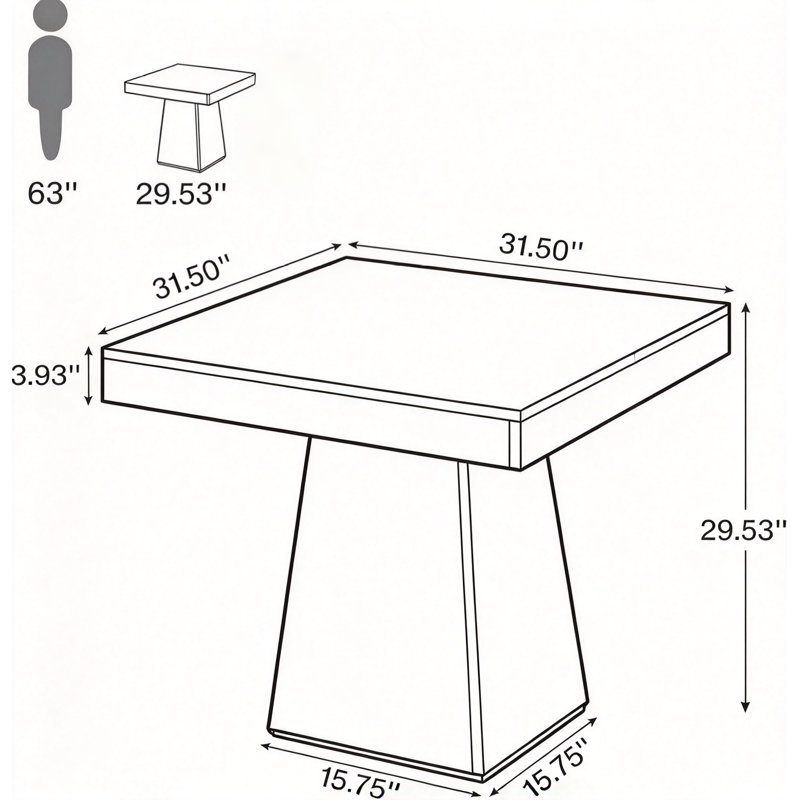 Table de salle à manger de style champêtre en bois de 80 cm avec pied central pour 4 personnes