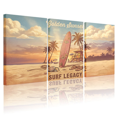 Ensemble de 3 toiles murales « Coucher de soleil doré sur le surf » pour la décoration du salon, de la chambre ou d'une maison de plage