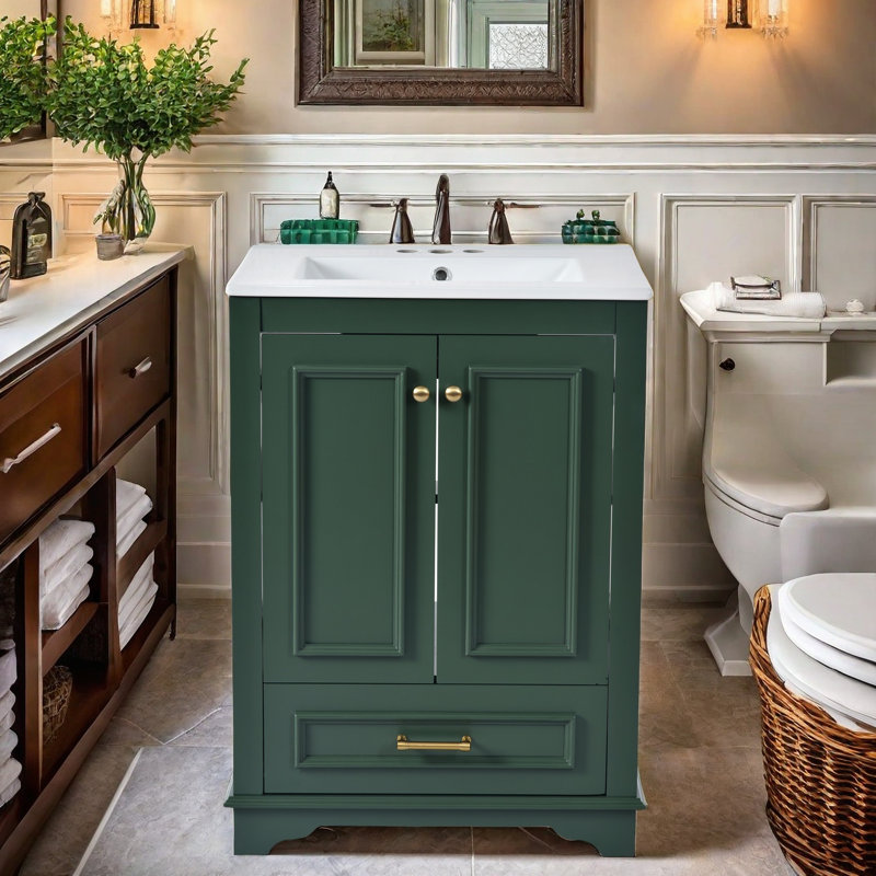 Meuble-lavabo de 24 po avec lavabo en céramique, structure en bois massif et armoire en bois massif, armoire de rangement moderne avec tablettes réglables