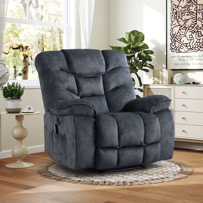 Fauteuil inclinable massant et chauffant en microfibre ultra doux 40,9 po avec port USB, Bleu-gris