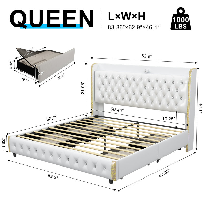 Upholstered Platform Bed Frame With 360° Galaxy Projector, Dustproof Storage Drawers, Wingback Headboard, White, Queen