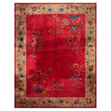 1920s Antique Red Scarlett Floral Haute Modern Knotted Wool Chinese Art Deco Rug
