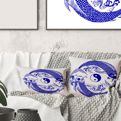 Carré, Chinoiserie Koi Fish II - Coussin décoratif à imprimé traditionnel