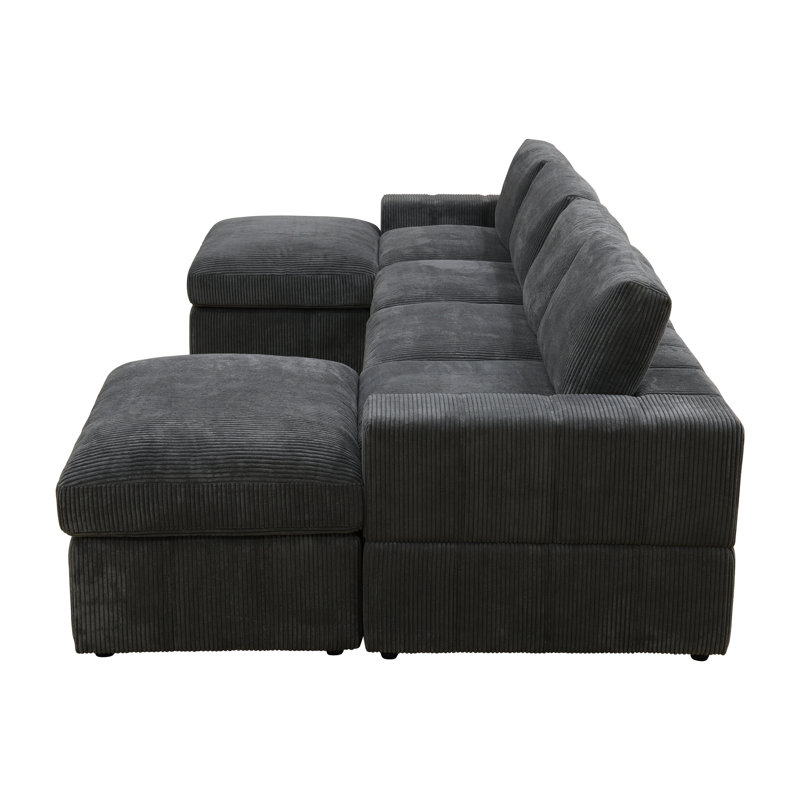132" Wide 6- Piece Premium Corduroy Reversible Modular Living Room Sectional Sofa With Ottoman, Dark Gray Corduroy