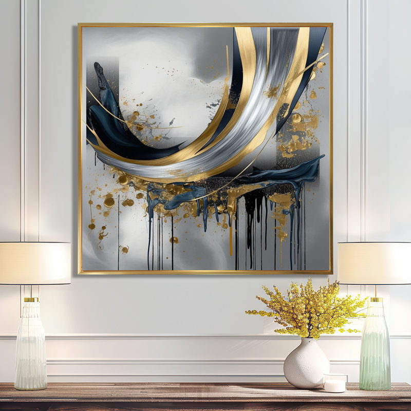 Shapes And Lines Abstract Marble V - impressions sur toile de marbre abstrait, Toile avec cadre flottant, Doré, 44" H x 44" W