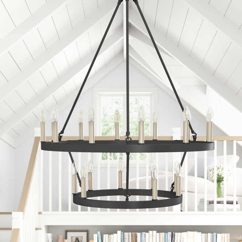 Daromir 20 - Light Dimmable Wagon Wheel Chandelier, Classic Black/Contemporary Brass Dust