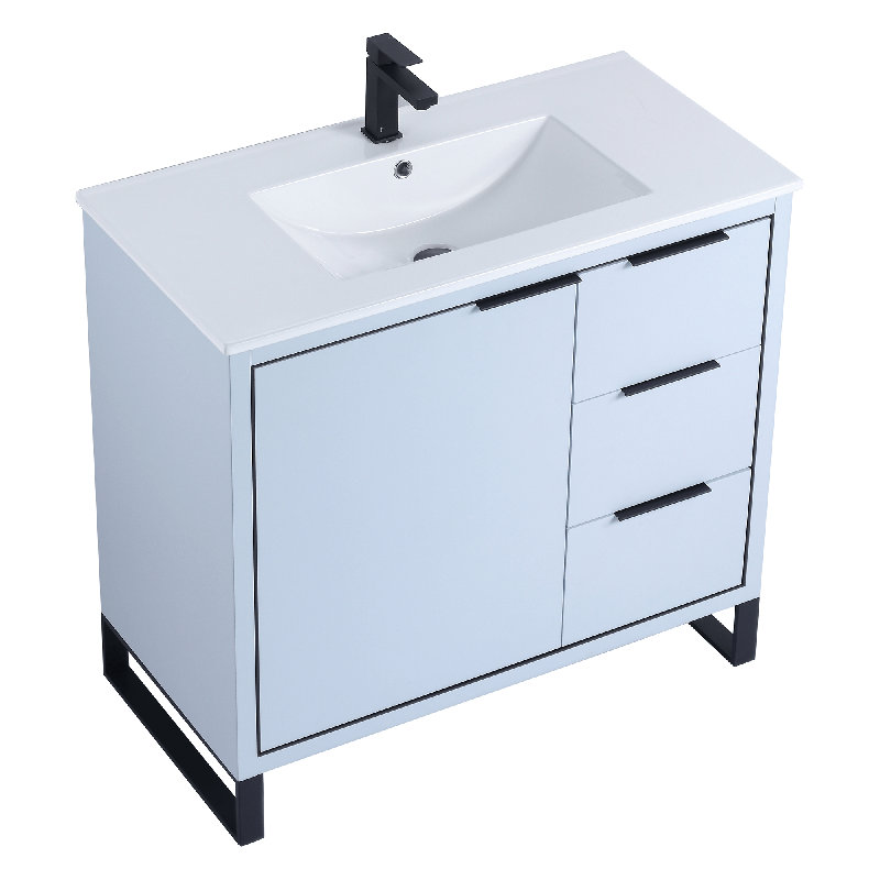 Navy Blue Matte Bathroom Vanity with White Ceramic Sink and Black Hardware