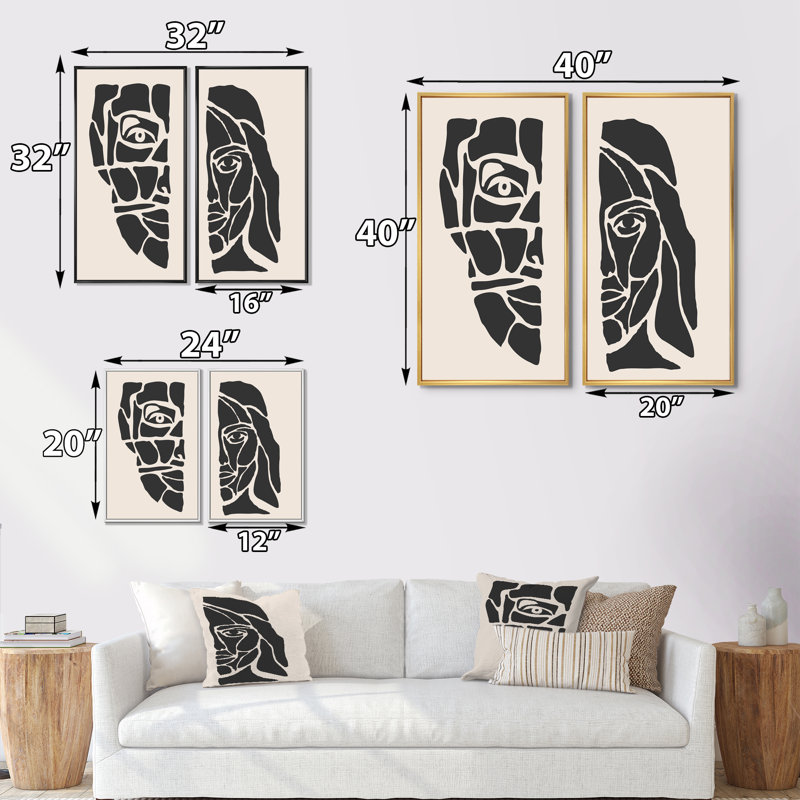 «Abstract Minimalist Woman Portrait IV», ensemble de 2 peintures, H 32 po x l 32 po x P 1 po, Cadre noir
