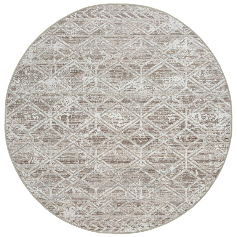 Kainaan 1243 Transitional Geometric Beige Area Rug, Beige, Round 7'10"