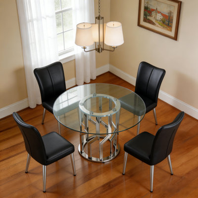 47.2" Round Glass Dining Table Set For 4, Tempered Glass Table With Stainless Steel Legs & Metal Velvet Chairs, Modern Simple Style For Dining Room, Silver Table, Black Chairs