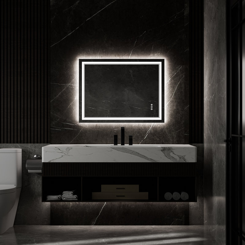 Miroir de salle de bain à DEL avec température de couleur 3, gradation, antibuée, fonction mémoire, Rectangulaire