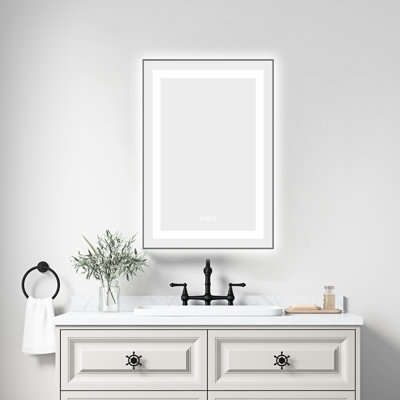 Miroir de salle de bain à DEL 20 "x 30" avec façade et rétroéclairage, 3 températures de couleur, brouillard, cadre en aluminium, fixation murale, mémoire, gradation continue - frêne