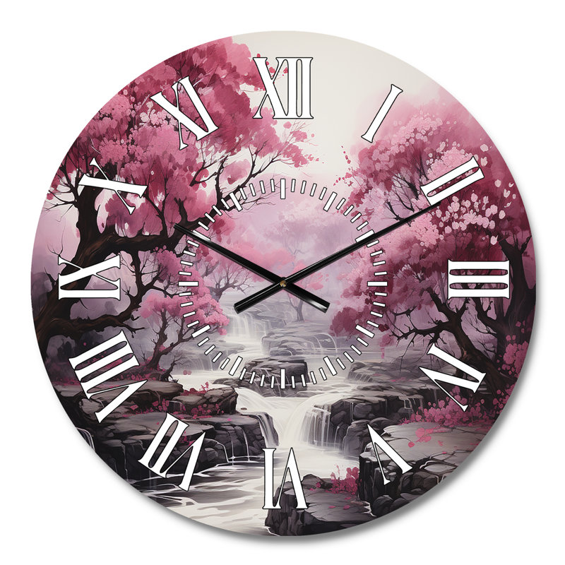 Horloge murale Pink Trees Waterfall Endless Journey - Paysages, Médium