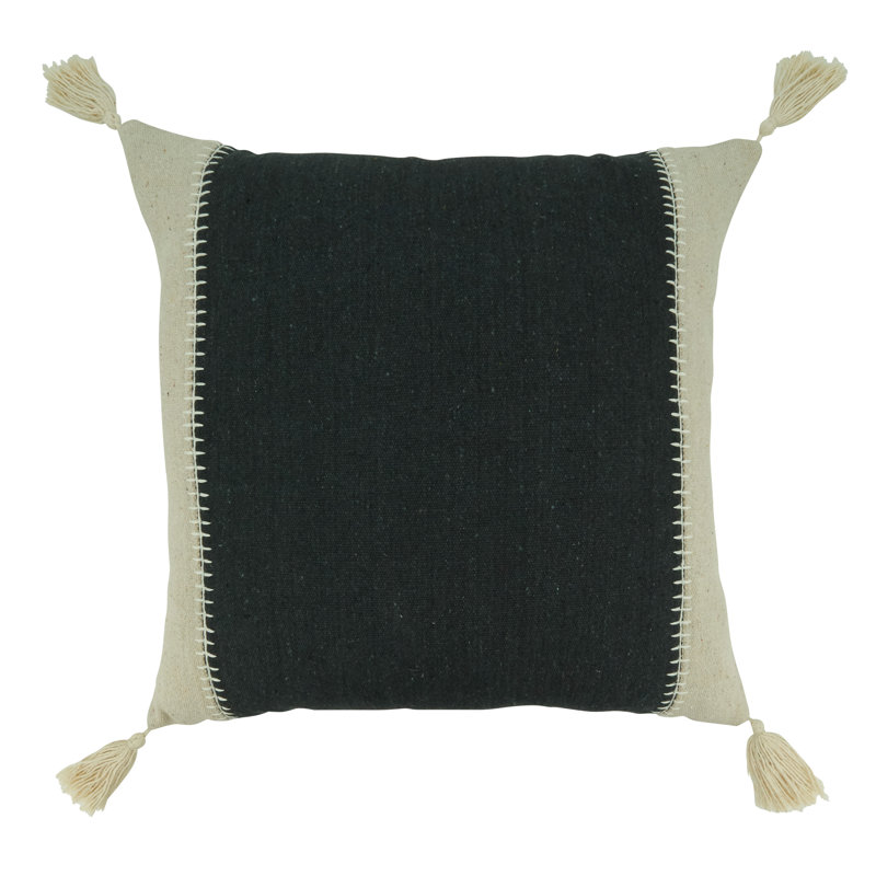 Black and Natural Cotton Whipstitch Throw Pillow with Tassels
