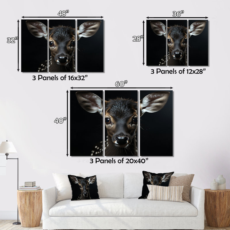 Portrait de cerf noir et blanc sur toile, 3 pièces, H 28 po x l 36 po x P 1 po