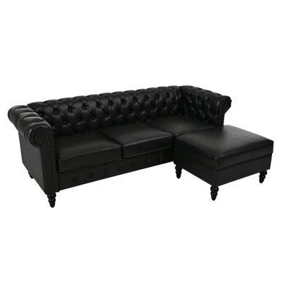 U-style 85" Modern 4-Seater L-Shaped Sectional Sofa with Storage Ottoman, Modular PU Leather Couch with Tufted Back, Rivet-Decorated Curved Armrests a
