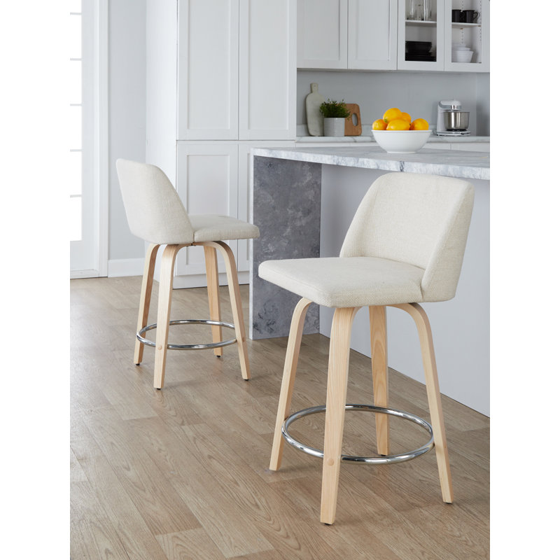 Thea 24" Fixed-Height Counter Stools with Bent Wood Legs & Round Footrest, Counter Stool (24" Seat Height), Natural/Chrome