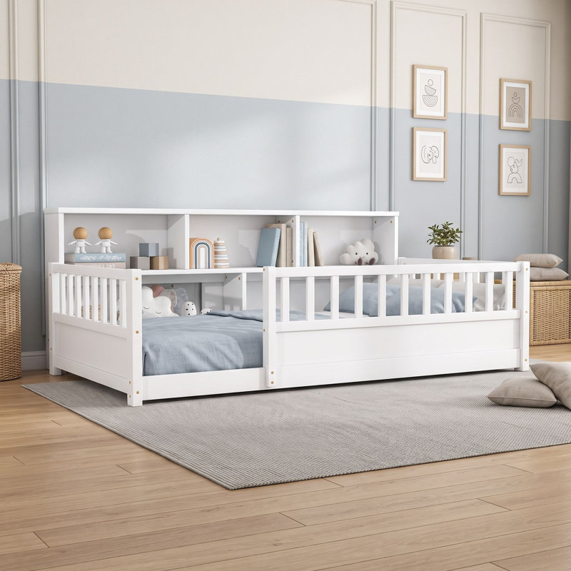 Lit en bois avec tablettes de rangement, Twin, Blanc