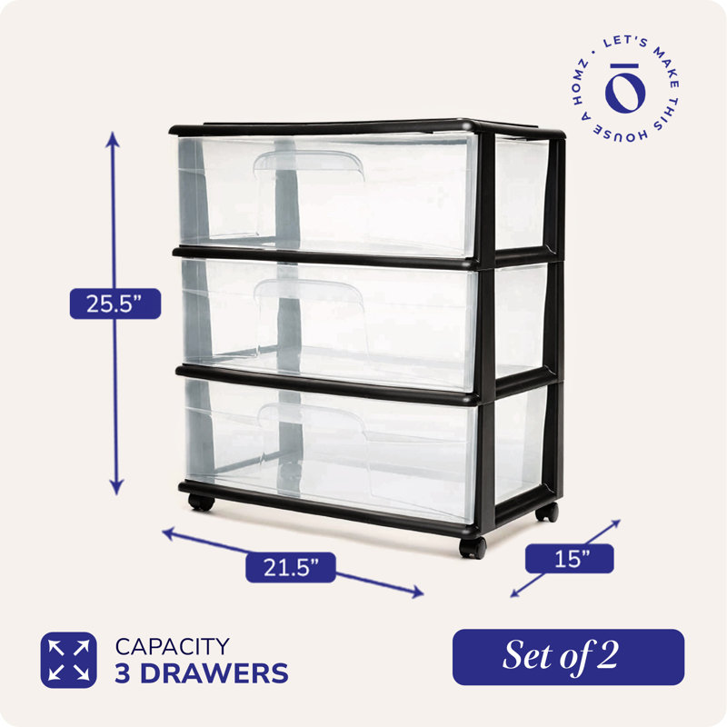 Homz Tall Solid Plastic 3 Drawer Storage Cart with Wheels