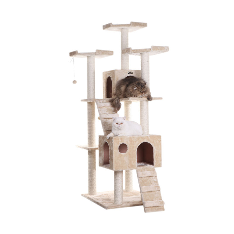 Beige Multi-Level Sisal Cat Tree with Playhouses and Ramps