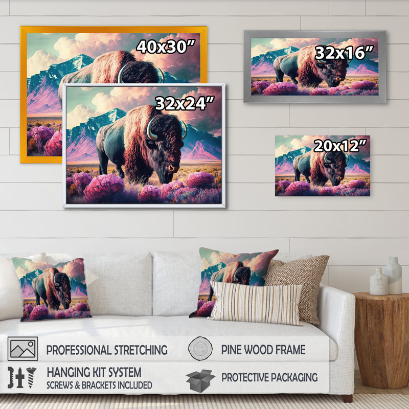 Buffalo avec paysage - impressions sur toile Buffalo / Bison, H 12 po x l 20 po x P 1 po, Cadre flottant blanc
