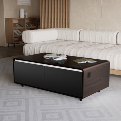 Table basse moderne et intelligente avec réfrigérateur intégré, haut-parleurs Bluetooth, chargement sans fil, prise de courant, ports USB, lumière RVB