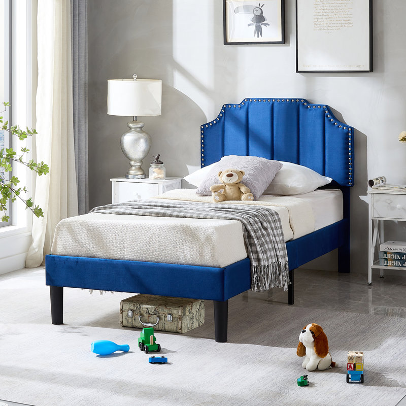 Twin size Bed with Adjustable Tufted Headboard, Platform Bed, Mattress foundation, No Box Spring Needed, Twin, Blue