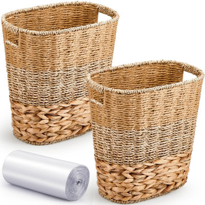 2 pièces poubelle en osier avec 50 petits sacs poubelle en osier tissé avec poignées transparentes sacs à ordures à usages multiples (couleur de couture)