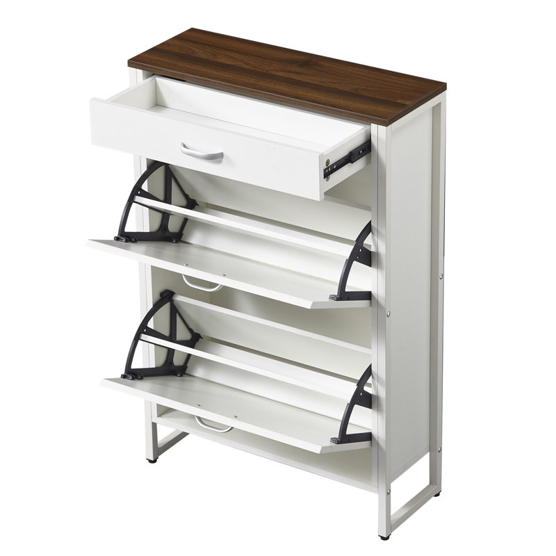 Armoire à chaussures mince avec 2 tiroirs rabattables et 1 tiroir, Blanc ancien