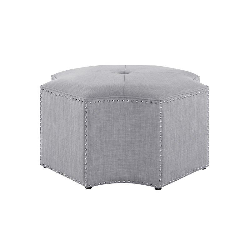 Fiorella Octagon Cocktail Ottoman Single Tuft Chrome Nailhead Trim, Gray, Linen