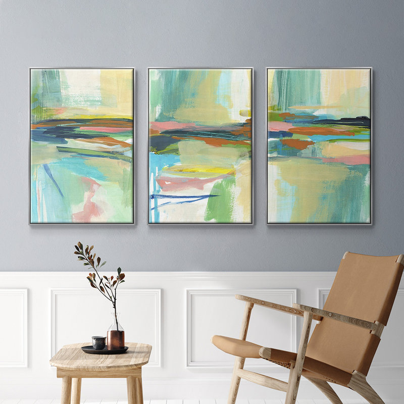 Radiant Horizon I, ensemble de 3 toiles encadrées, Argent argent, H 27 po x l 54 po