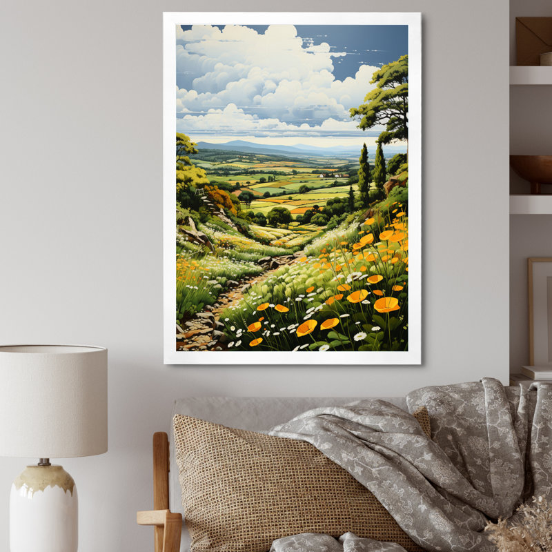 Paysage de campagne rêveur vert et jaune Unionvale III - impression, H 40 po x l 30 po x P 1,5 po, Cadre photo blanc