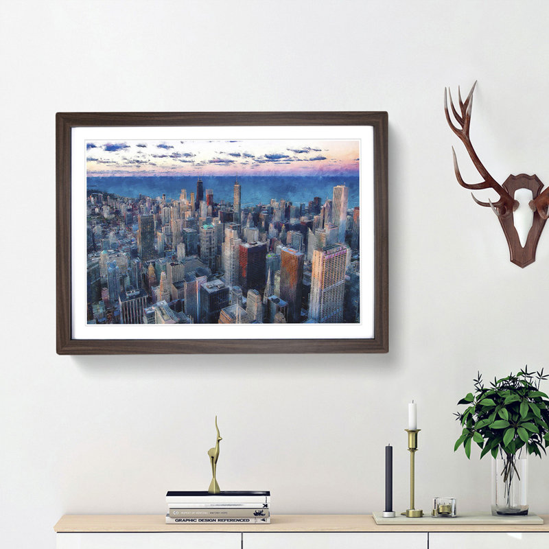 The Beauty of the Chicago Skyline - Picture Frame Painting Print, 45cm H x 63cm W x 2cm D, Walnut Framed