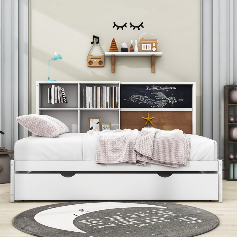 Lit de jour en bois Barnerd avec tablettes, tableau noir, ports USB et lit gigogne simple, Double