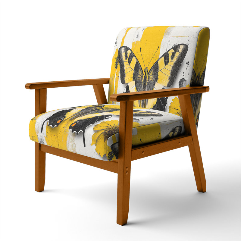 Magiera - Buttlerfly In Watercolor Painting - Velvet  Upholstered Floral Accent Arm Chair, Yellow, Brown